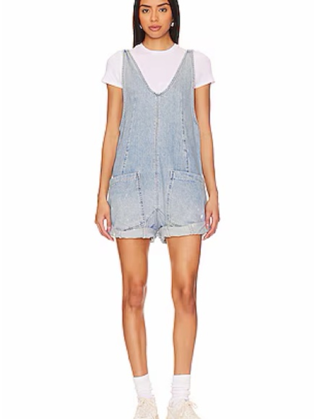 Free People We The Free High Roller Denim Shortall Romper Bright Eyes Size S